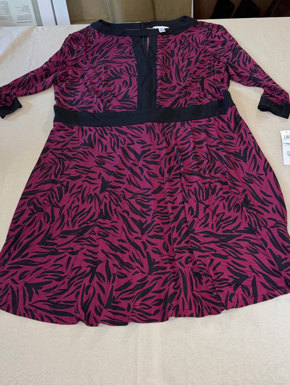 London Times Magenta and Black Printed A-Line Dress